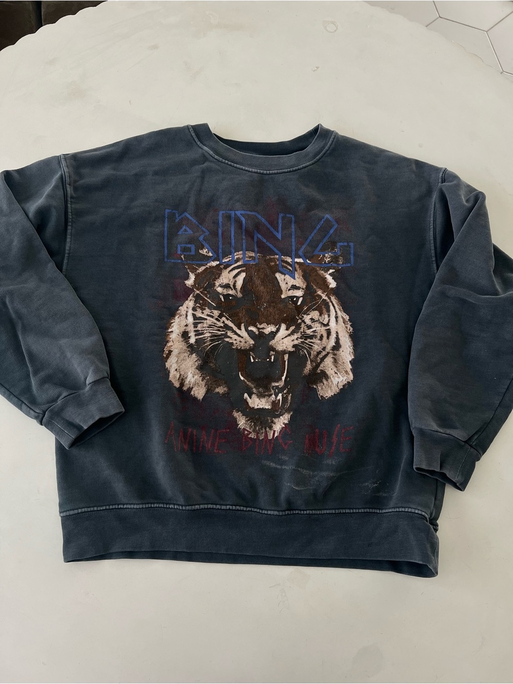 Anine Bing Charcoal Navy Tiger Graphic Crewneck Sweatshirt